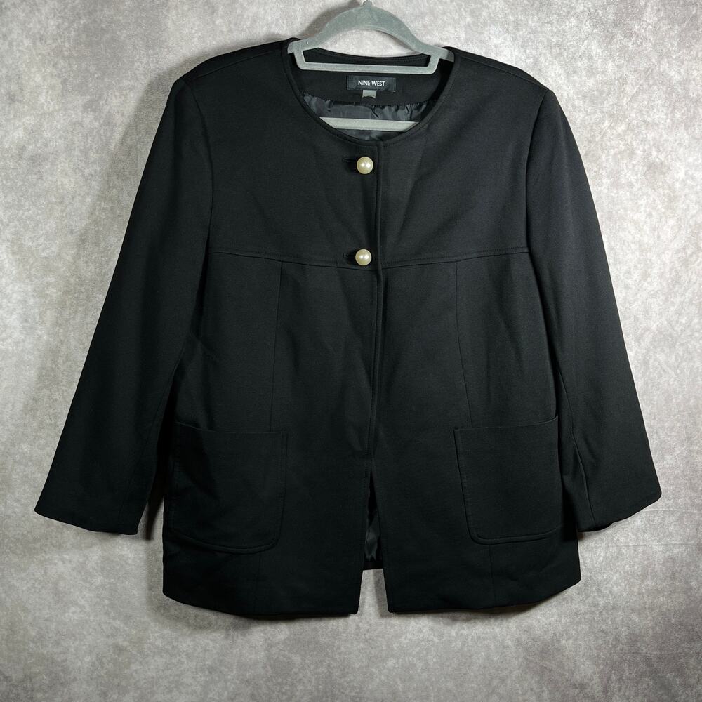 Nine West Blazer Jacket Womens 14 Black Faux Pearl Button Lined Pockets Business
